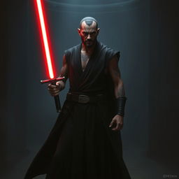 Create an image of a Sith Lord, a dark and menacing figure with a red lightsaber