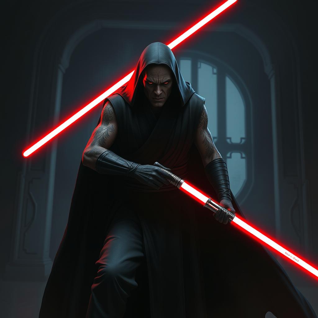 Create an image of a Sith Lord, a dark and menacing figure with a red lightsaber