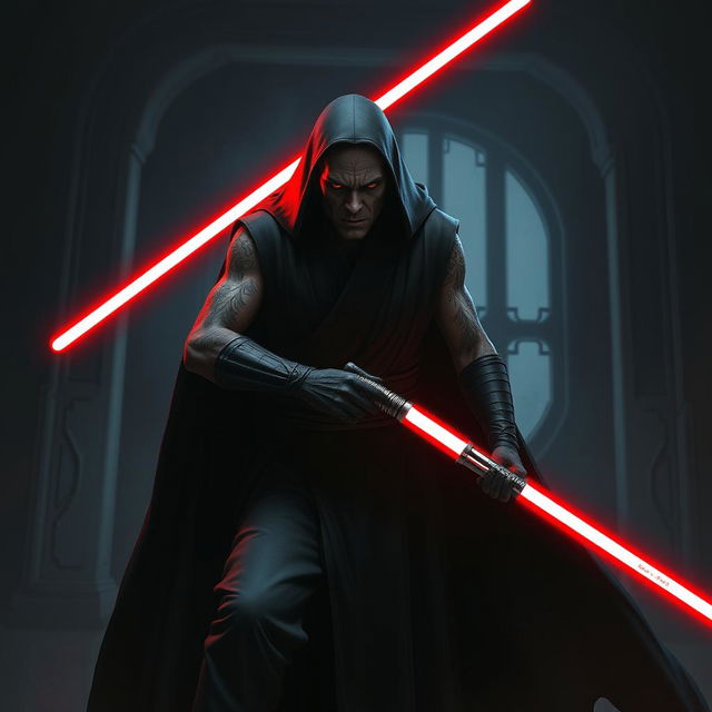 Create an image of a Sith Lord, a dark and menacing figure with a red lightsaber