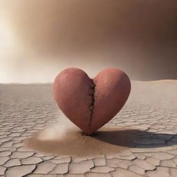 A 3D image of a broken heart in a barren landscape, with a strong wind blowing around it, creating a dust storm.