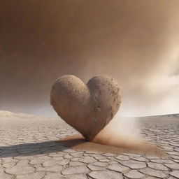 A 3D image of a broken heart in a barren landscape, with a strong wind blowing around it, creating a dust storm.