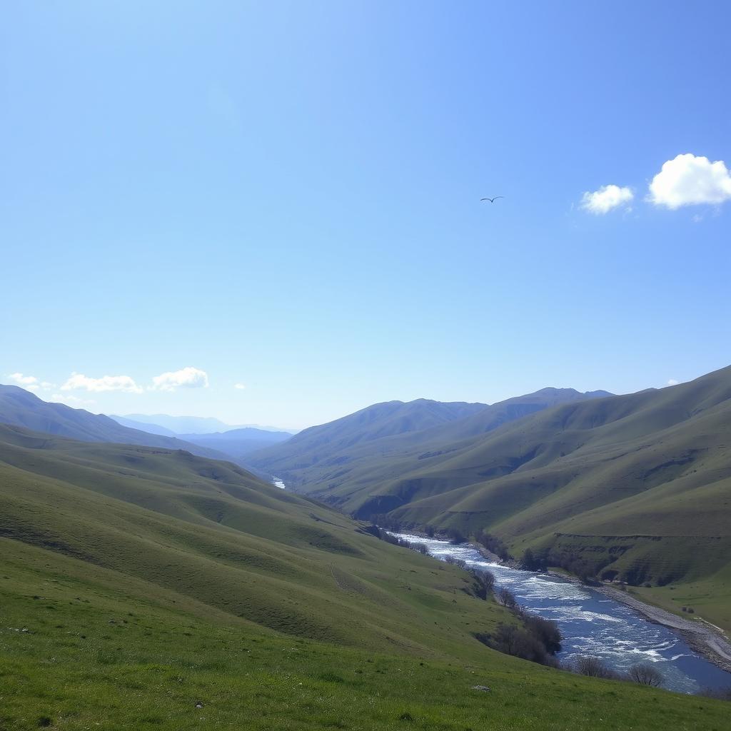 A serene landscape with a clear blue sky, green rolling hills, and a sparkling river flowing through the valley