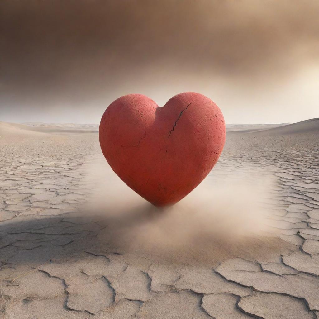 A 3D image of a broken heart in a barren landscape, with a strong wind blowing around it, creating a dust storm.