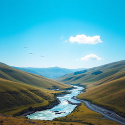 A serene landscape with a clear blue sky, green rolling hills, and a sparkling river flowing through the valley