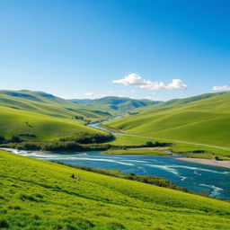 A serene landscape with a clear blue sky, green rolling hills, and a sparkling river flowing through the valley