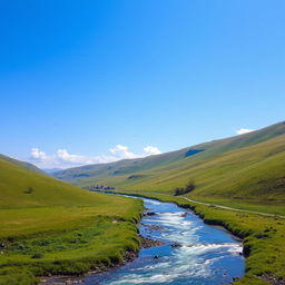 A serene landscape with a clear blue sky, green rolling hills, and a sparkling river flowing through the valley