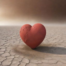 A 3D image of a broken heart in a barren landscape, with a strong wind blowing around it, creating a dust storm.