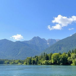 A serene landscape featuring a calm lake surrounded by lush green trees and mountains in the background under a clear blue sky with a few fluffy white clouds