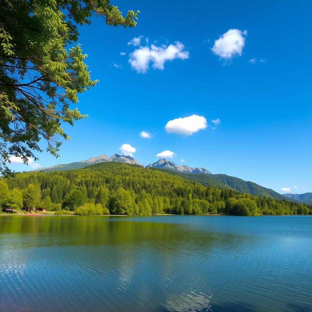 A serene landscape featuring a calm lake surrounded by lush green trees and mountains in the background under a clear blue sky with a few fluffy white clouds