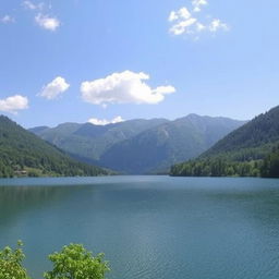 A serene landscape featuring a calm lake surrounded by lush green trees and mountains in the background under a clear blue sky with a few fluffy white clouds