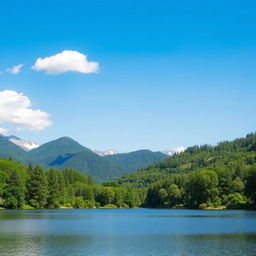 A serene landscape featuring a calm lake surrounded by lush green trees and mountains in the background under a clear blue sky with a few fluffy white clouds