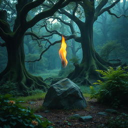 A serene and mystical scene depicting an untouched flame in a peaceful forest