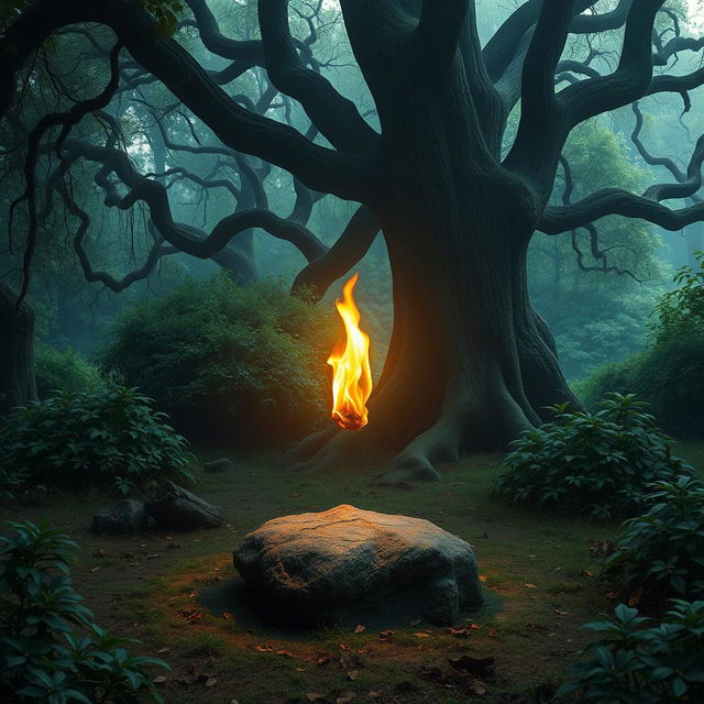 A serene and mystical scene depicting an untouched flame in a peaceful forest