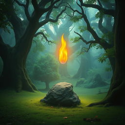 A serene and mystical scene depicting an untouched flame in a peaceful forest