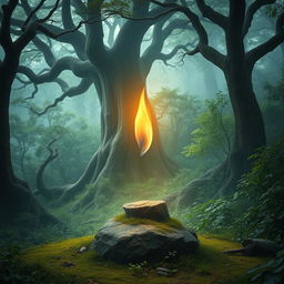 A serene and mystical scene depicting an untouched flame in a peaceful forest