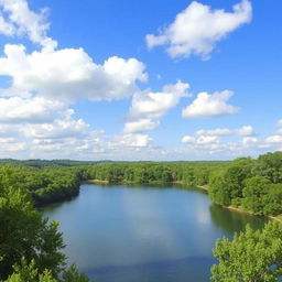 A serene landscape featuring a tranquil lake surrounded by lush green trees under a clear blue sky with fluffy white clouds