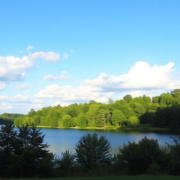 A serene landscape featuring a tranquil lake surrounded by lush green trees under a clear blue sky with fluffy white clouds