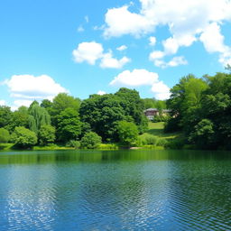 A serene landscape featuring a tranquil lake surrounded by lush green trees under a clear blue sky with fluffy white clouds