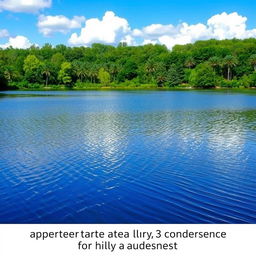 A serene landscape featuring a tranquil lake surrounded by lush green trees under a clear blue sky with fluffy white clouds