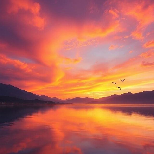 Create an image of a beautiful sunset over a serene lake with mountains in the background