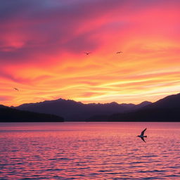 Create an image of a beautiful sunset over a serene lake with mountains in the background