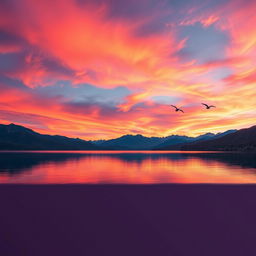 Create an image of a beautiful sunset over a serene lake with mountains in the background