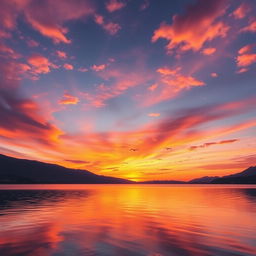 Create an image of a beautiful sunset over a serene lake with mountains in the background