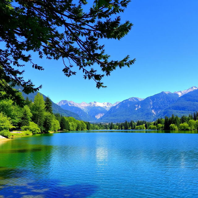 A beautiful landscape featuring a serene lake surrounded by lush green trees and mountains in the background under a clear blue sky