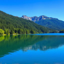 A beautiful landscape featuring a serene lake surrounded by lush green trees and mountains in the background under a clear blue sky