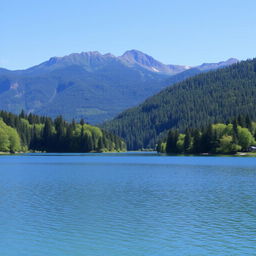 A beautiful landscape featuring a serene lake surrounded by lush green trees and mountains in the background under a clear blue sky