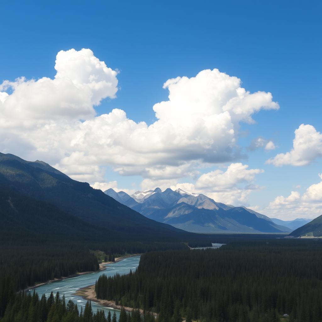 A beautiful landscape with mountains, a river flowing through a forest, and a clear blue sky with fluffy white clouds