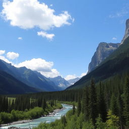 A beautiful landscape with mountains, a river flowing through a forest, and a clear blue sky with fluffy white clouds