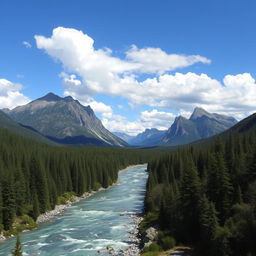 A beautiful landscape with mountains, a river flowing through a forest, and a clear blue sky with fluffy white clouds