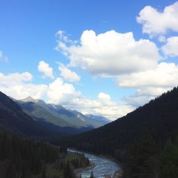 A beautiful landscape with mountains, a river flowing through a forest, and a clear blue sky with fluffy white clouds