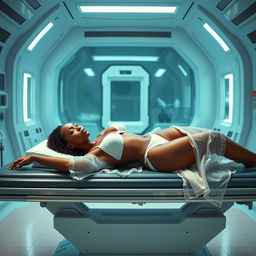 A 48-year-old African mulatto woman with a 40DD bust size, lying on a stretcher in a futuristic laboratory