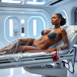 A 48-year-old African mulatto woman with a 40DD bust size, lying on a stretcher in a futuristic laboratory