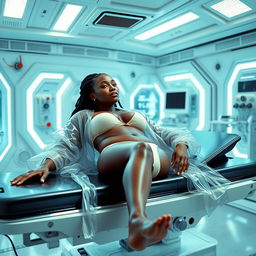 A 48-year-old African mulatto woman with a 40DD bust size, lying on a stretcher in a futuristic laboratory