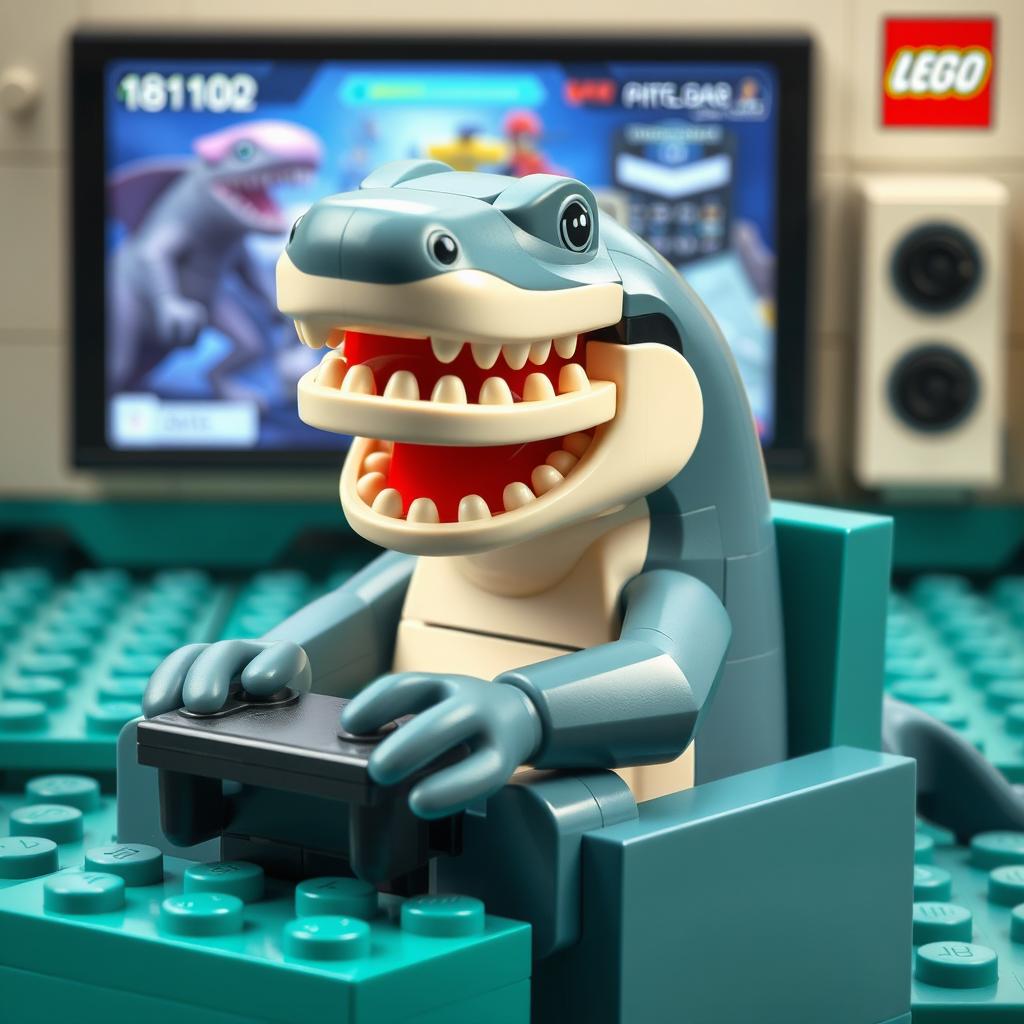 Crea un póster animado de un tiburón jugando videojuegos, hecho completamente con piezas de Lego