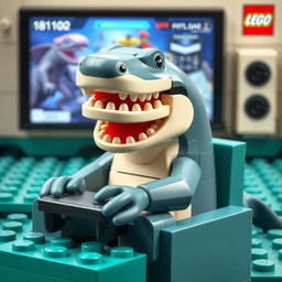 Crea un póster animado de un tiburón jugando videojuegos, hecho completamente con piezas de Lego