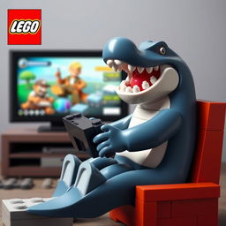 Crea un póster animado de un tiburón jugando videojuegos, hecho completamente con piezas de Lego