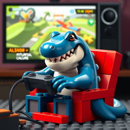 Crea un póster animado de un tiburón jugando videojuegos, hecho completamente con piezas de Lego