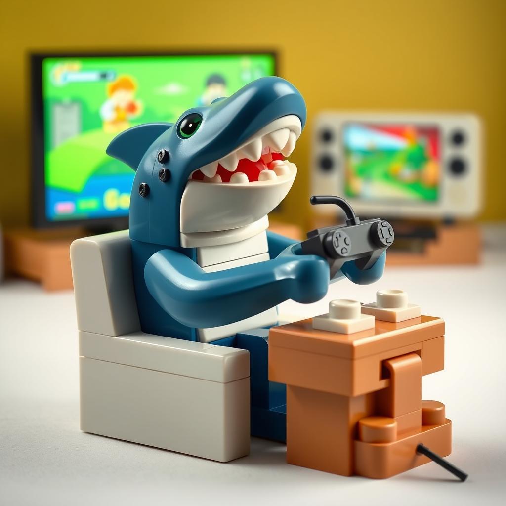 Crea un póster animado de un tiburón jugando con videojuegos, hecho completamente con piezas de Lego