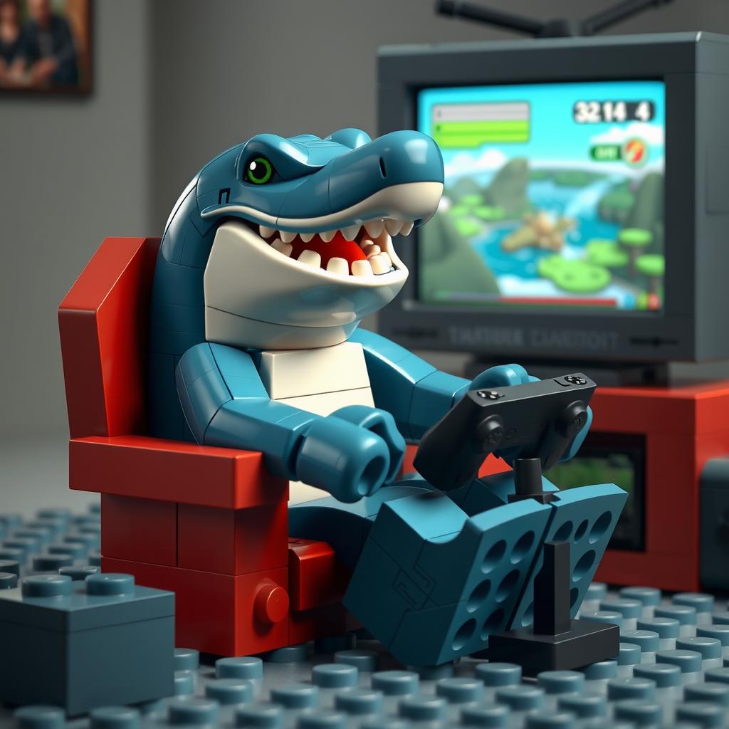 Crea un póster animado de un tiburón jugando con videojuegos, hecho completamente con piezas de Lego