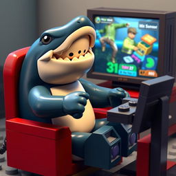 Crea un póster animado de un tiburón jugando con videojuegos, hecho completamente con piezas de Lego