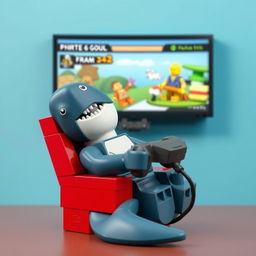 Crea un póster animado de un tiburón jugando con videojuegos, hecho completamente con piezas de Lego