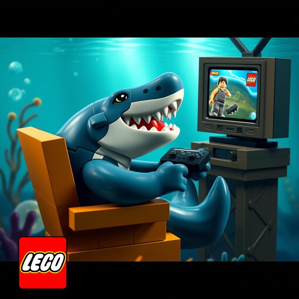 Crea un póster animado de un tiburón jugando con videojuegos bajo el agua, hecho completamente con piezas de Lego