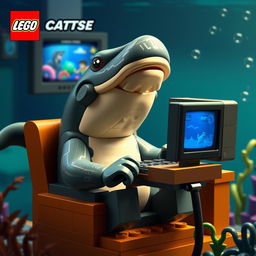 Crea un póster animado de un tiburón jugando con videojuegos bajo el agua, hecho completamente con piezas de Lego