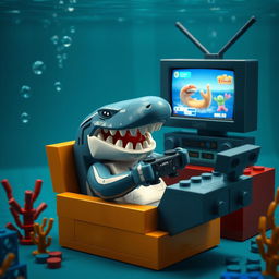 Crea un póster animado de un tiburón jugando con videojuegos bajo el agua, hecho completamente con piezas de Lego