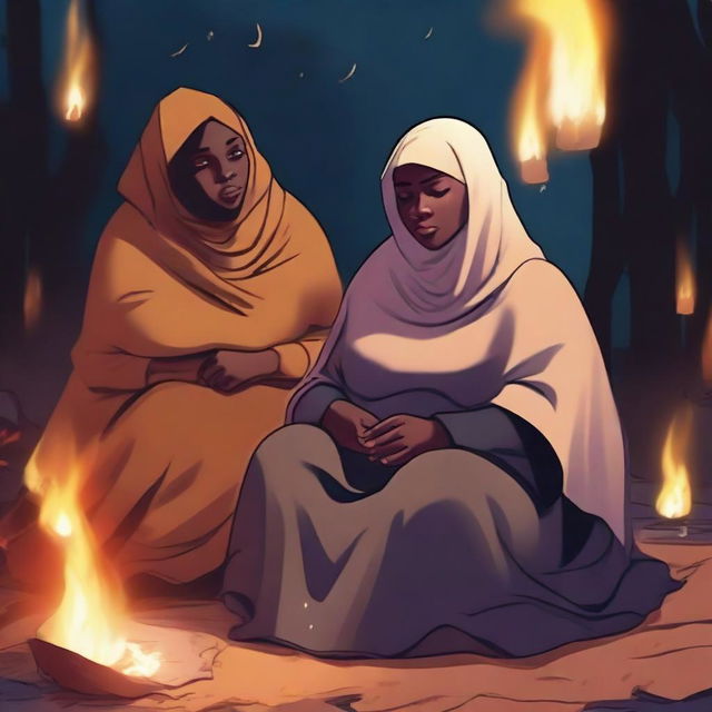 A terrifying scene featuring a dark-skinned fat woman wearing a Hijab, sitting with a charming impostor in a deserted place amid flames