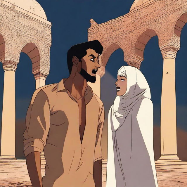 A young, thin, tall brown man is shouting at his hijab-wearing wife, whose skin is white